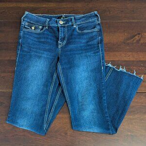 True Religion 28 Joey Mid Rise Flare Jeans Dark Wash Twisted Seam Raw Hem Y2K